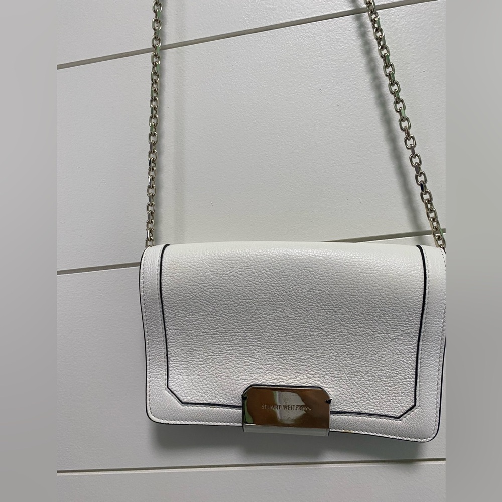 Stuart Weitzman White Leather Crossbody with Chain Strap